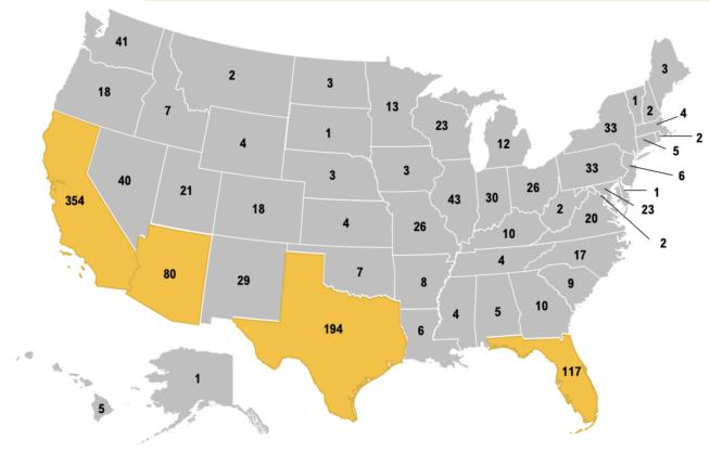 Map highlighting U.S. regions with the highest concentration of planned Denny’s closures