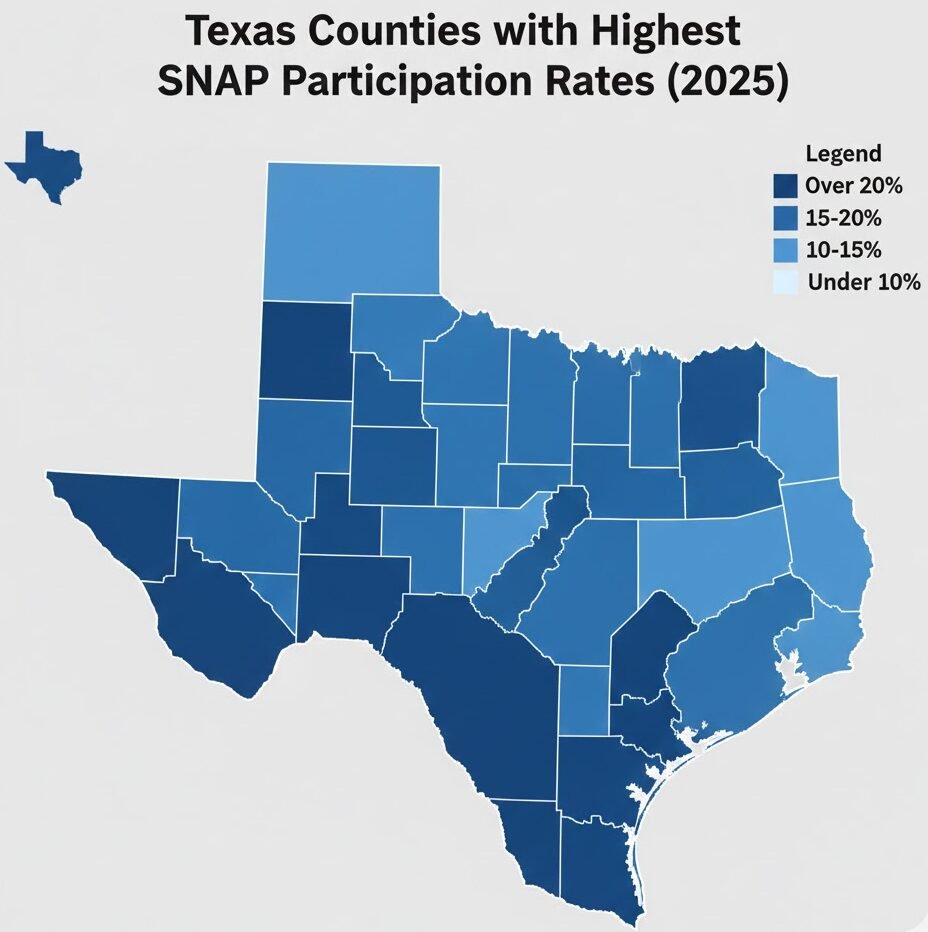 Map of Texas showing counties with highest SNAP participation rates in 2025